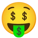 Money Mouth Face Emoji with dollar eyes and green tongue, symbolizing wealth, financial success, greed, or money excitement.