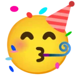 Party Face Emoji with a party hat and confetti, expressing fun, excitement, and joyful celebration moments.