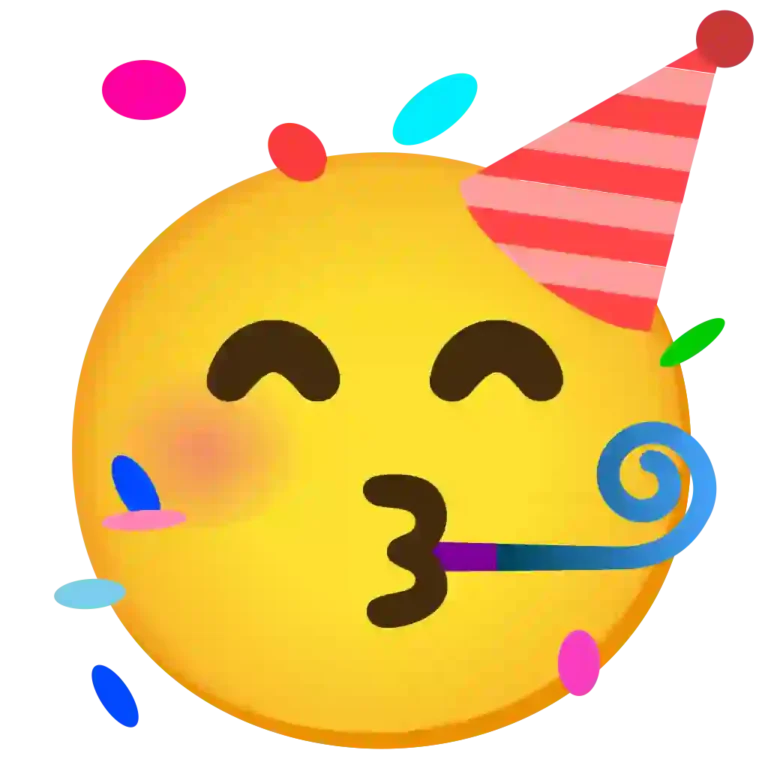 Party Face Emoji with a party hat and confetti, expressing fun, excitement, and joyful celebration moments.