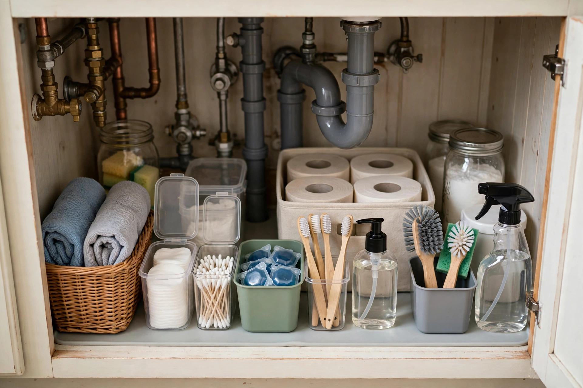 fall bathroom organization ideas with under sink bins and labeled containers
