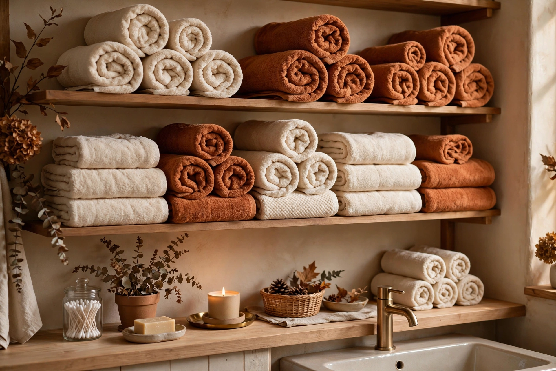 fall bathroom organization ideas with rolled towels on wooden shelves