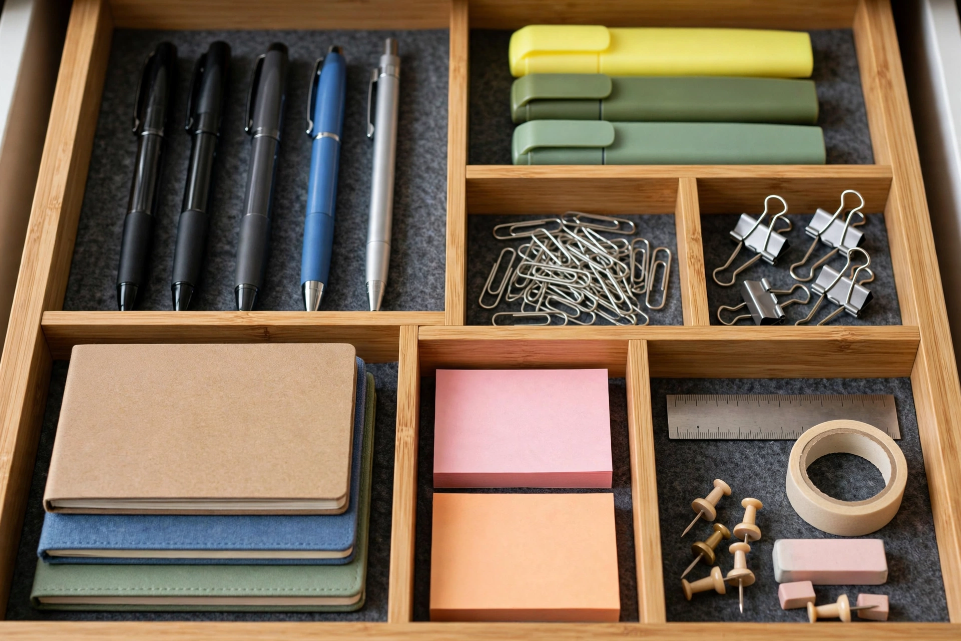 fall home office organization ideas with a tidy desk drawer organizer