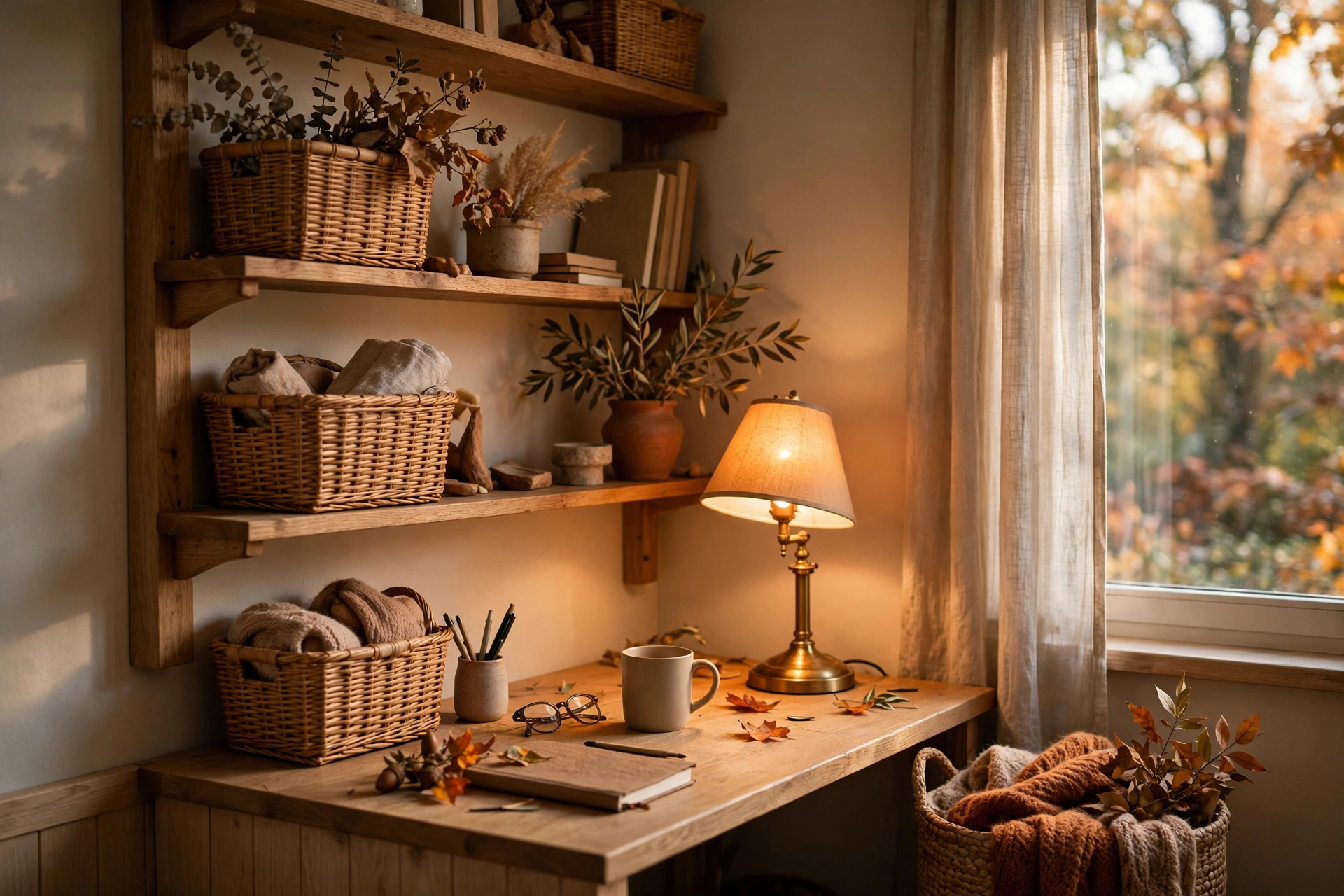 fall home office organization ideas in a small corner with shelves and warm lighting