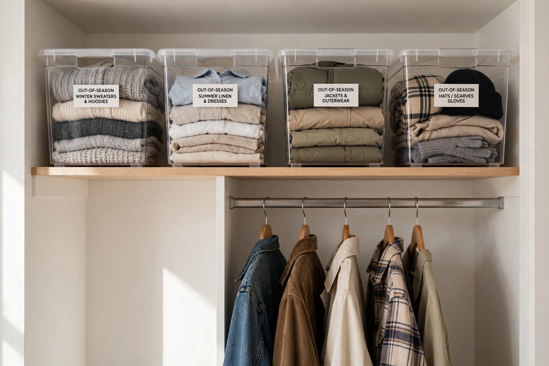 fall closet organization ideas with labeled bins for out-of-season clothes