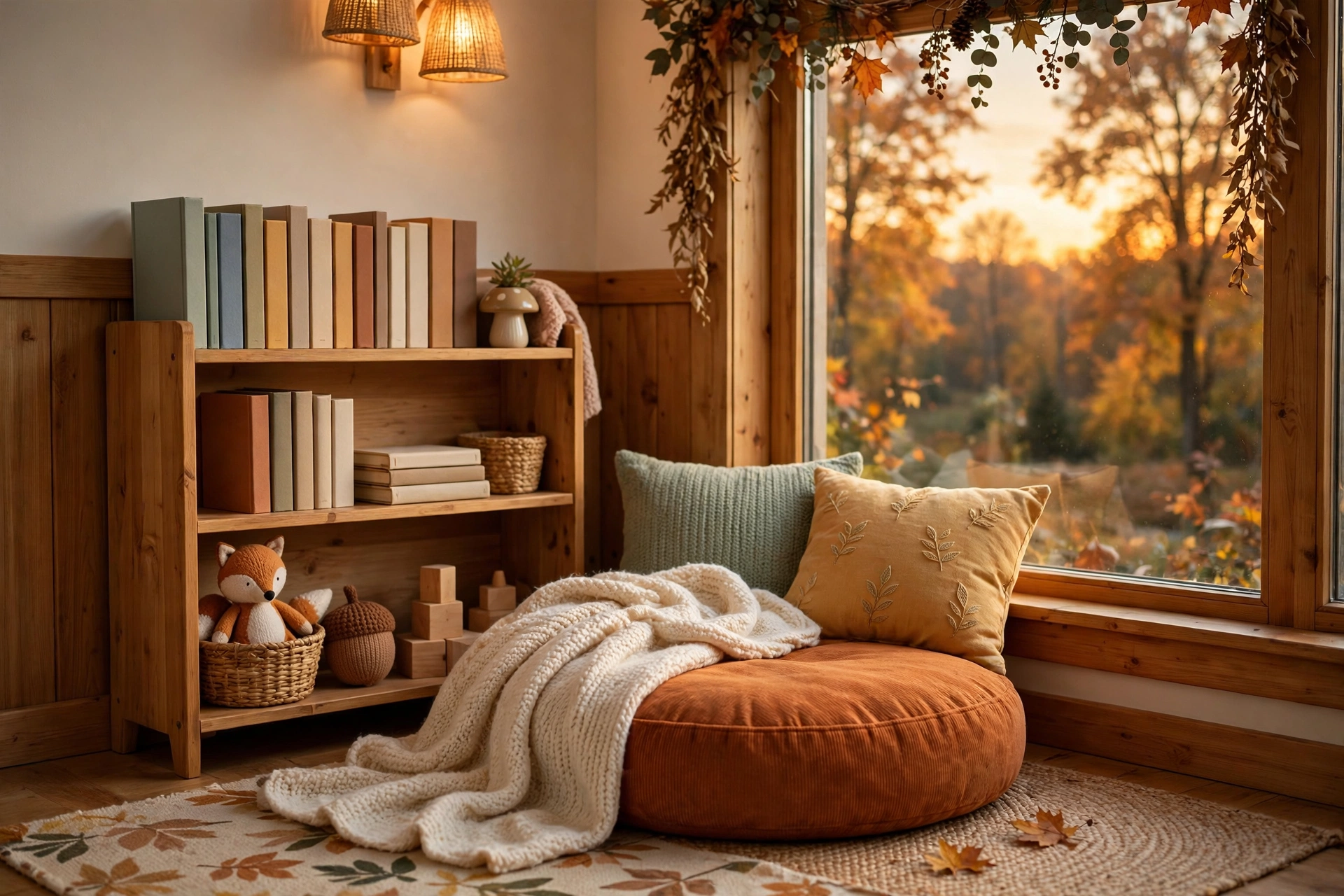 fall kids room organization ideas with a cozy reading nook for fall evenings