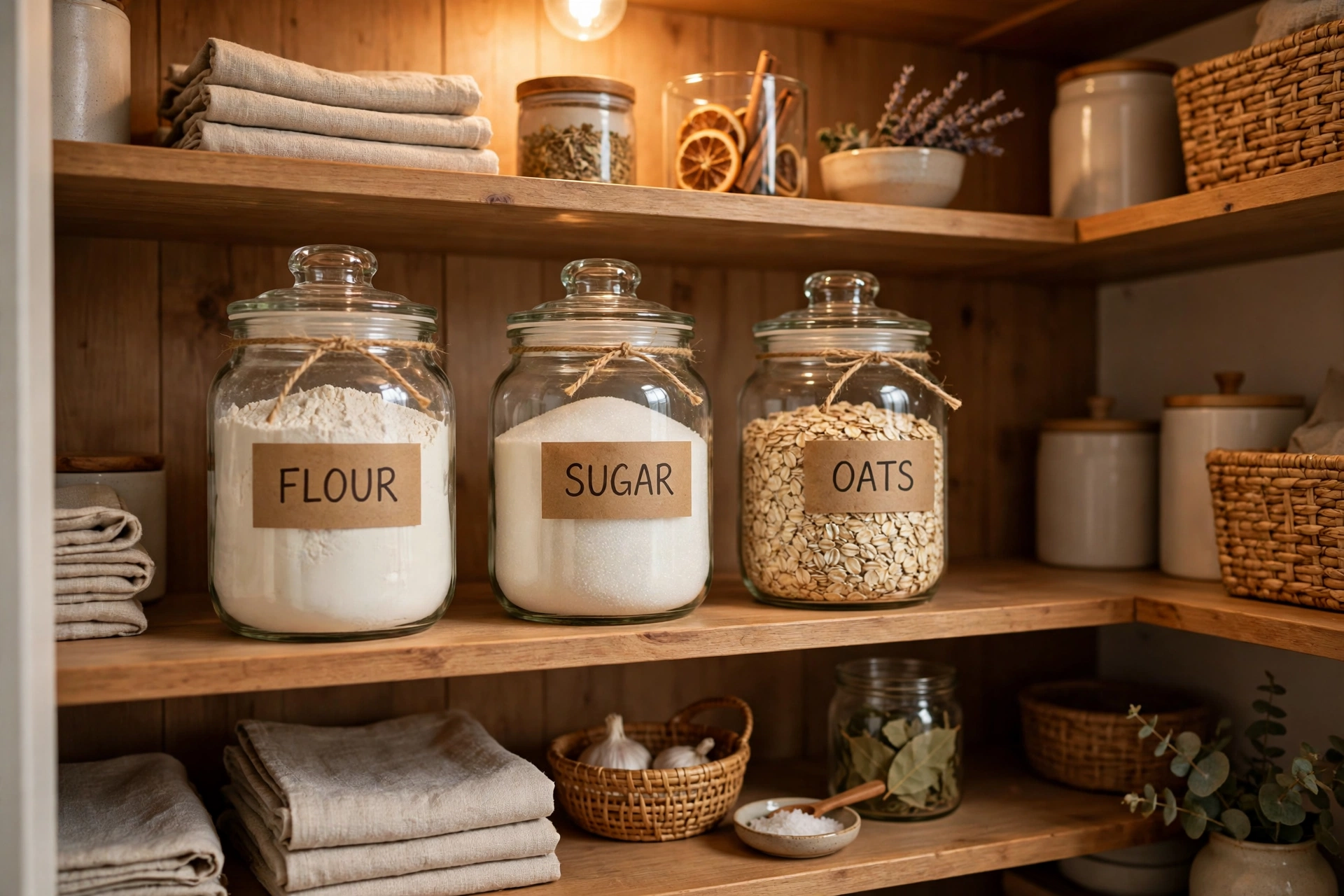 fall pantry organization ideas with labeled jars of baking staples