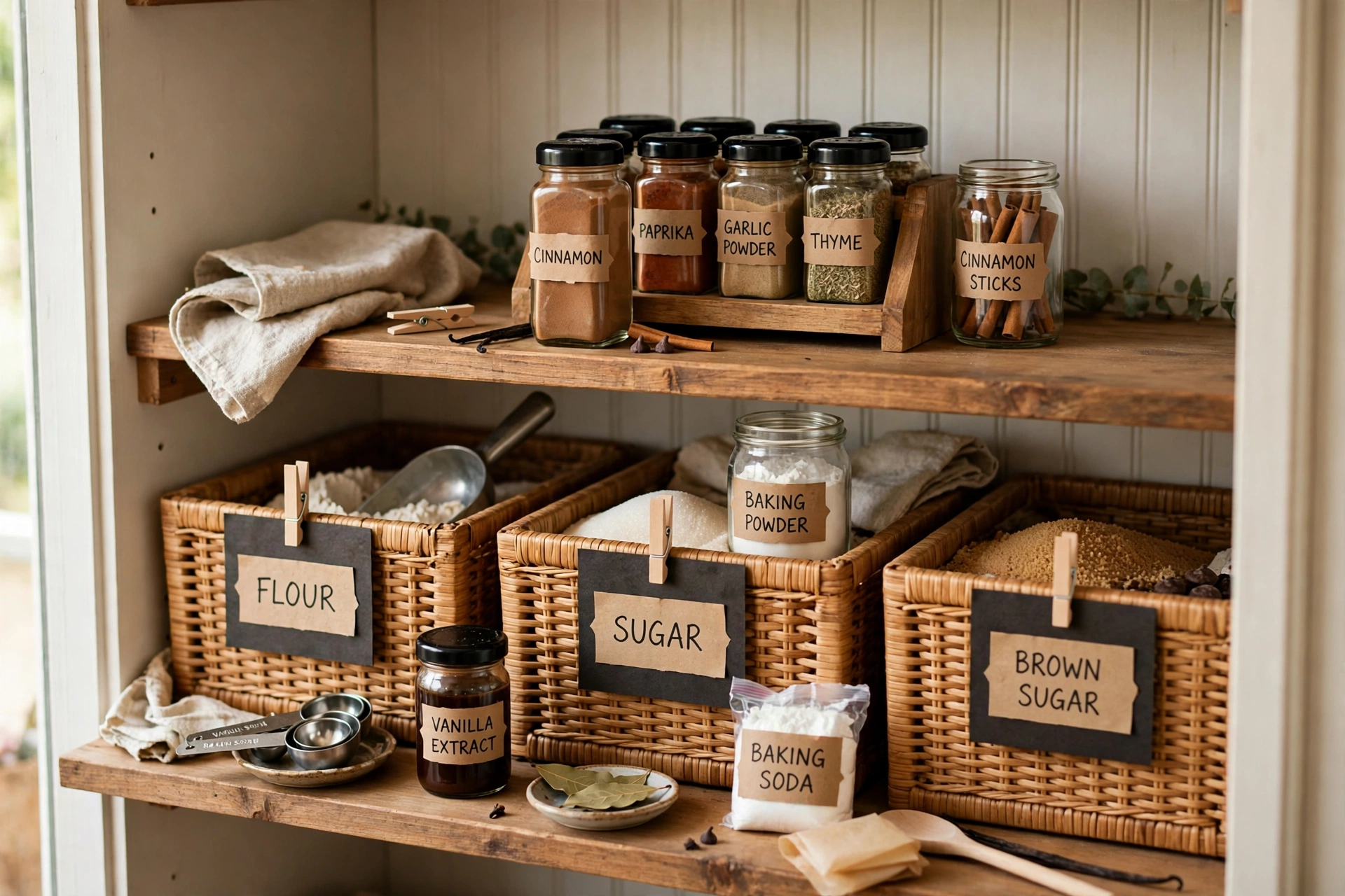 fall pantry organization ideas with spice rack and baking supplies in bins