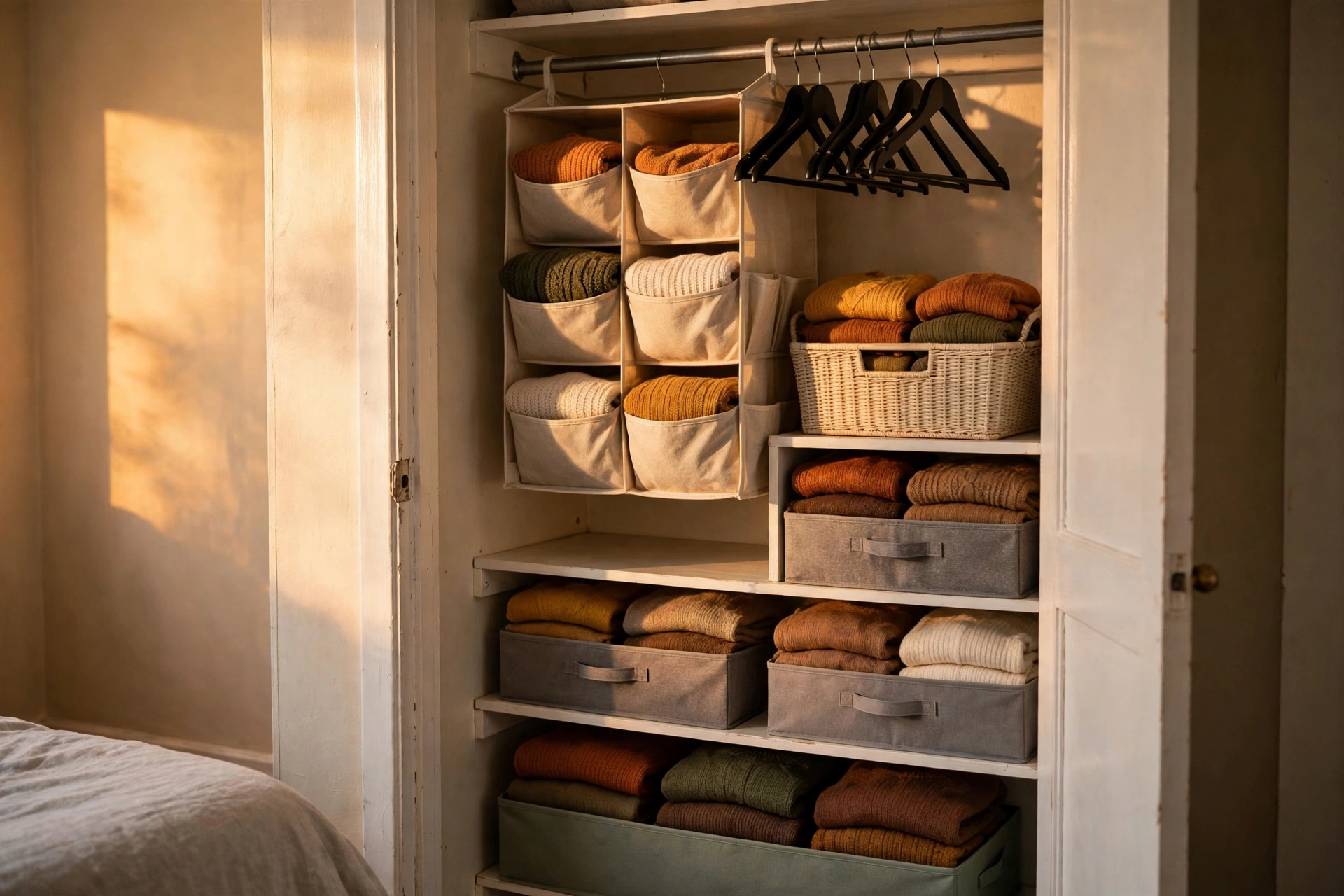 fall rental organization ideas in a small rental closet with bins and sweaters