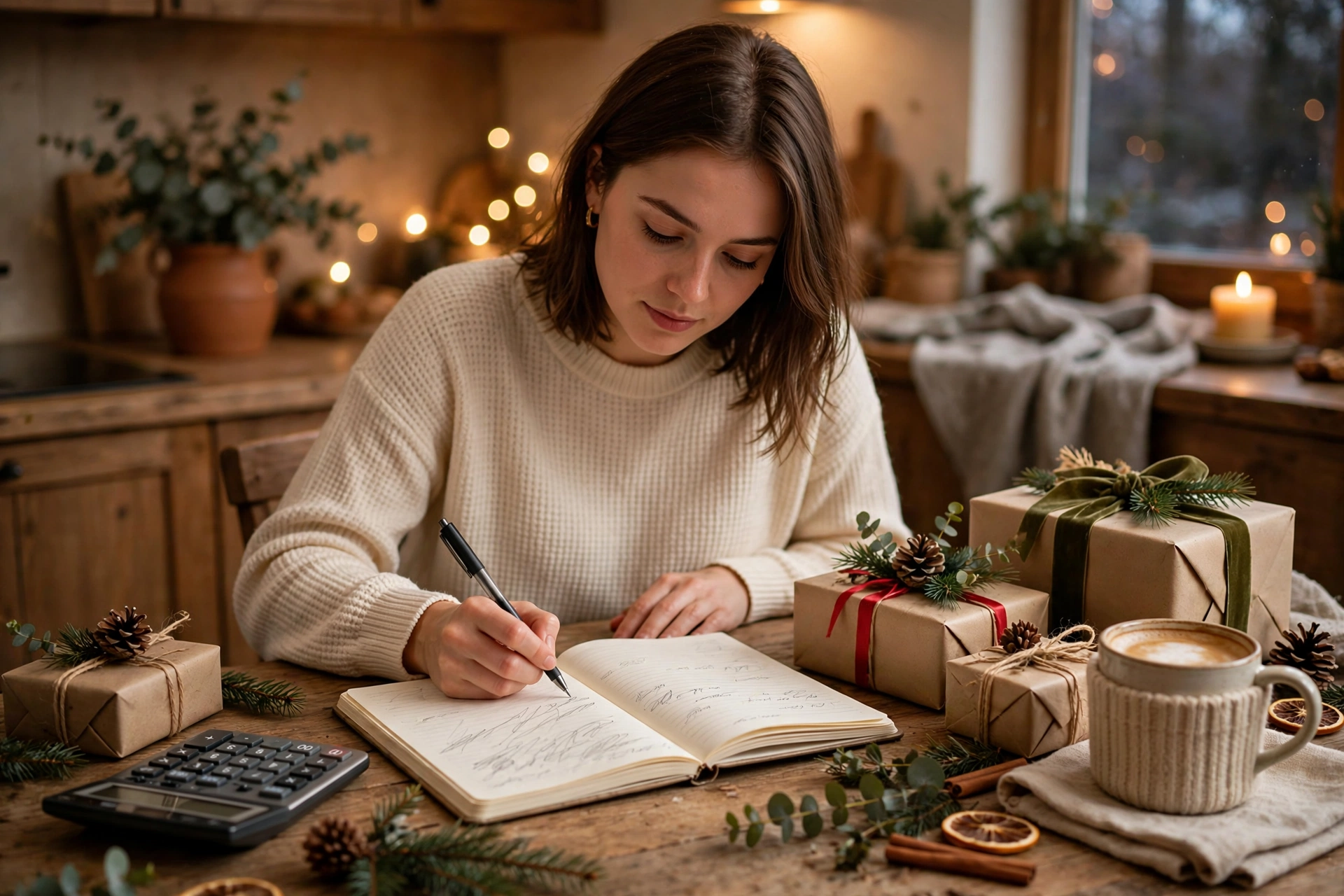 Holiday budget organization ideas for a gift list budget with a notebook, wrapped gifts, and a calculator