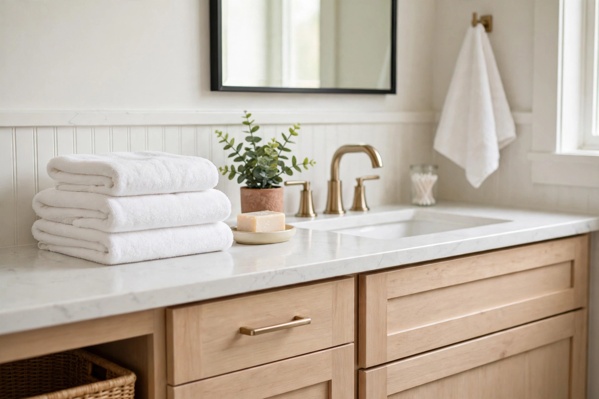 Bathroom refresh for holiday guests with fresh towels and a clean counter