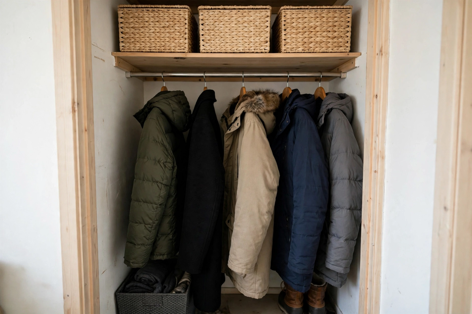 Winter coat storage in a small closet with labeled bins on the top shelf