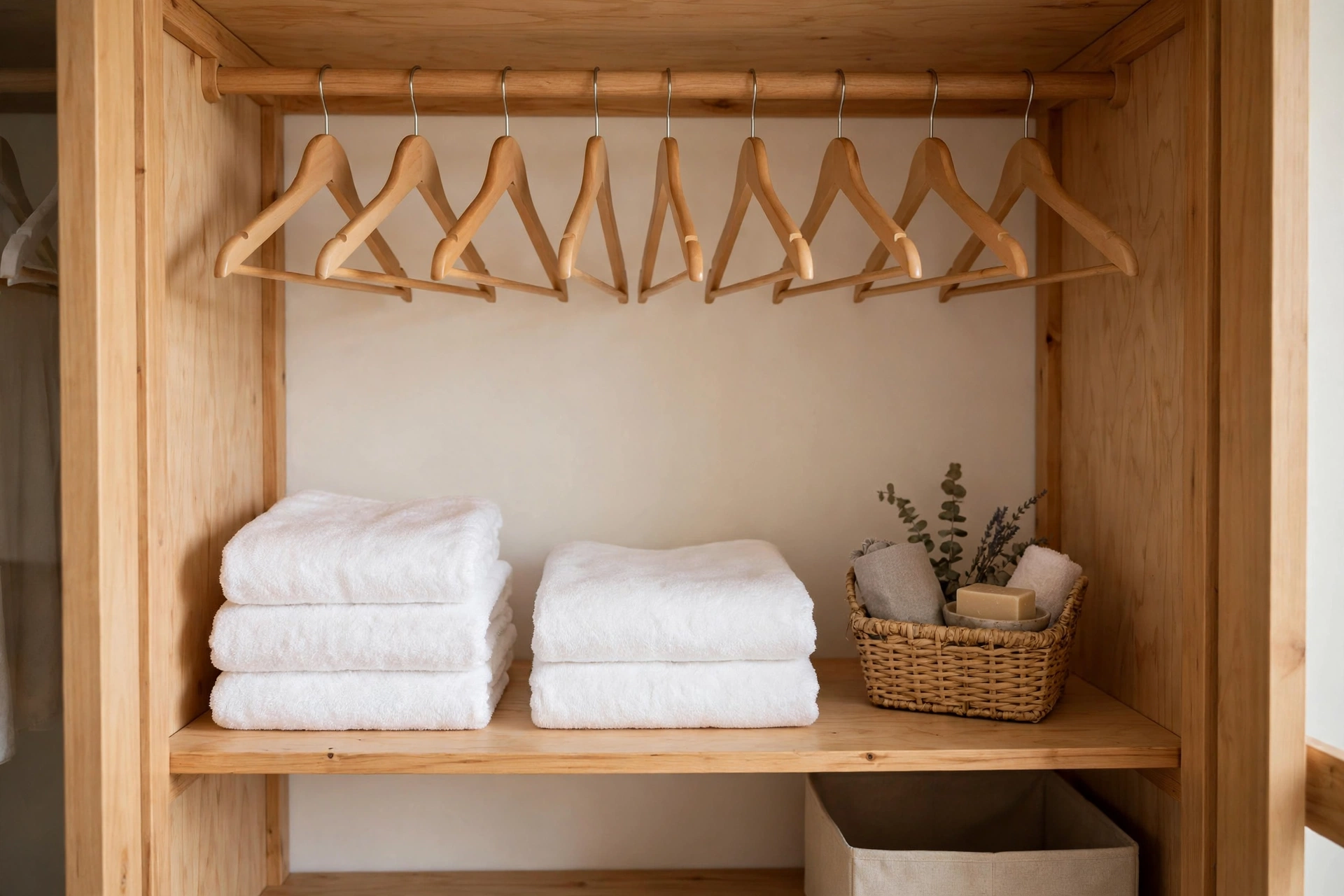 Guest closet setup with empty hangers, fresh towels, and a welcome basket