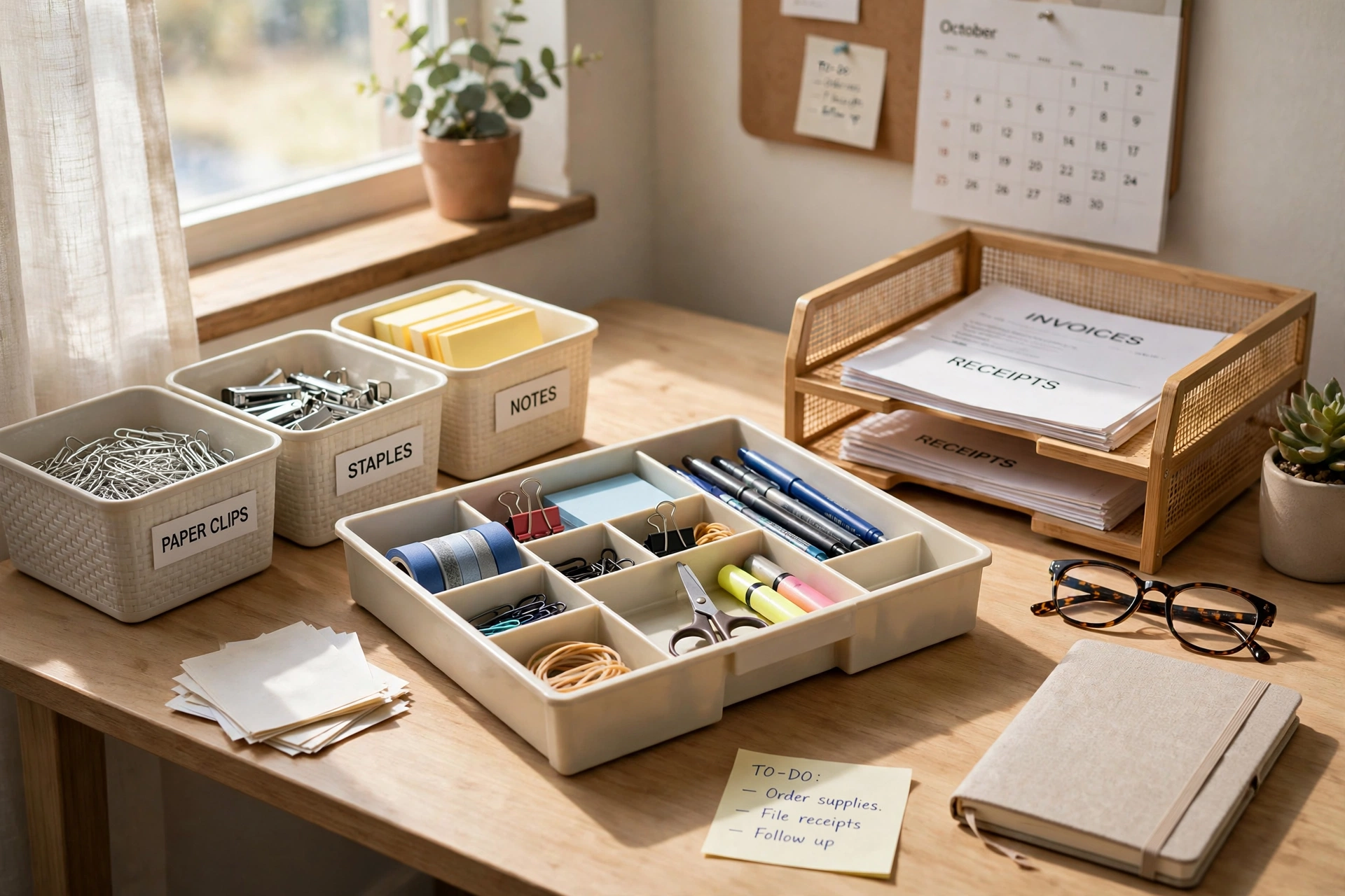 Desk organization for holiday home office ideas with labeled bins and paper filing tray