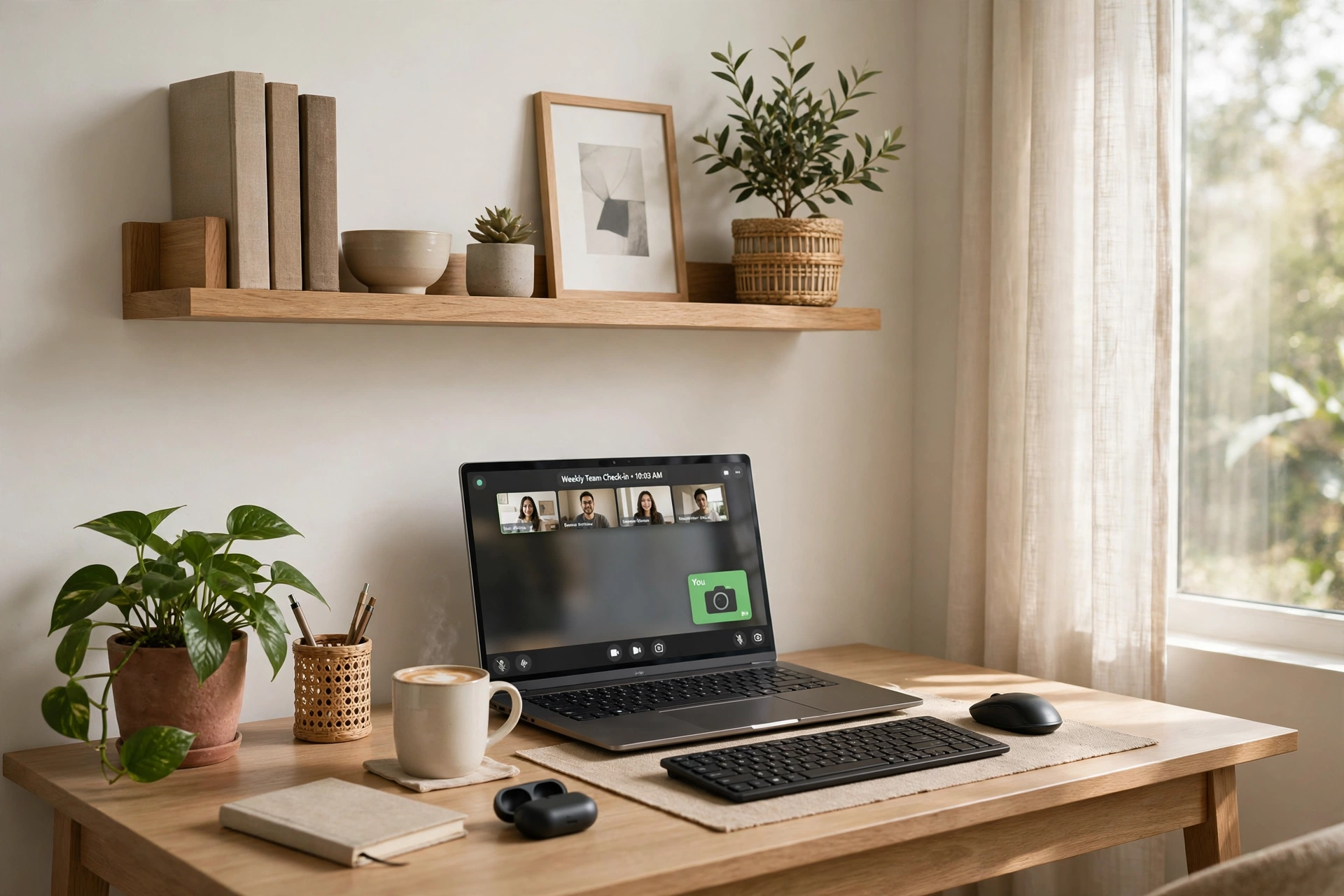 Holiday home office organization ideas for a calm video call background with tidy shelf