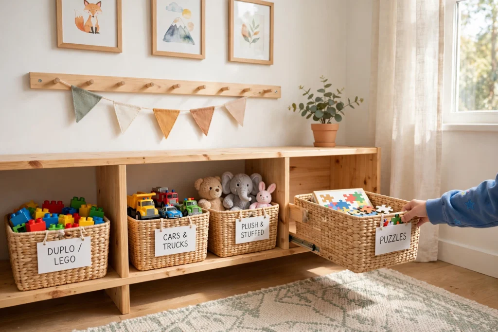 Toy rotation bins on low shelves in a kids room