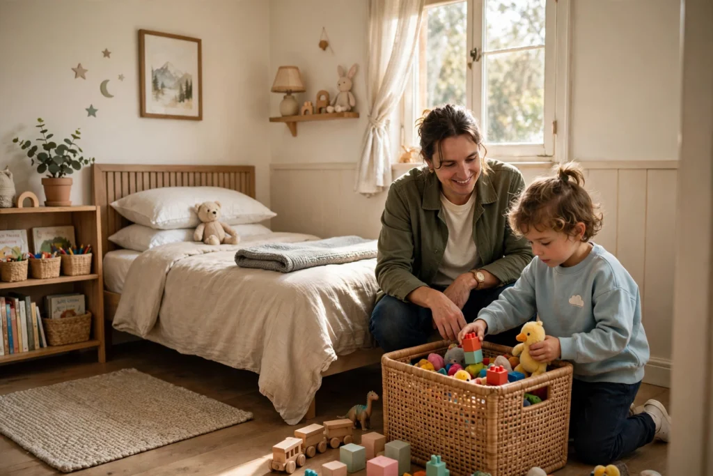 Child tidying a small kids bedroom into an open bin