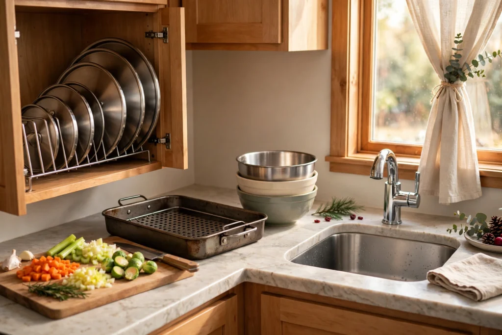holiday kitchen organization ideas pot lid storage counter