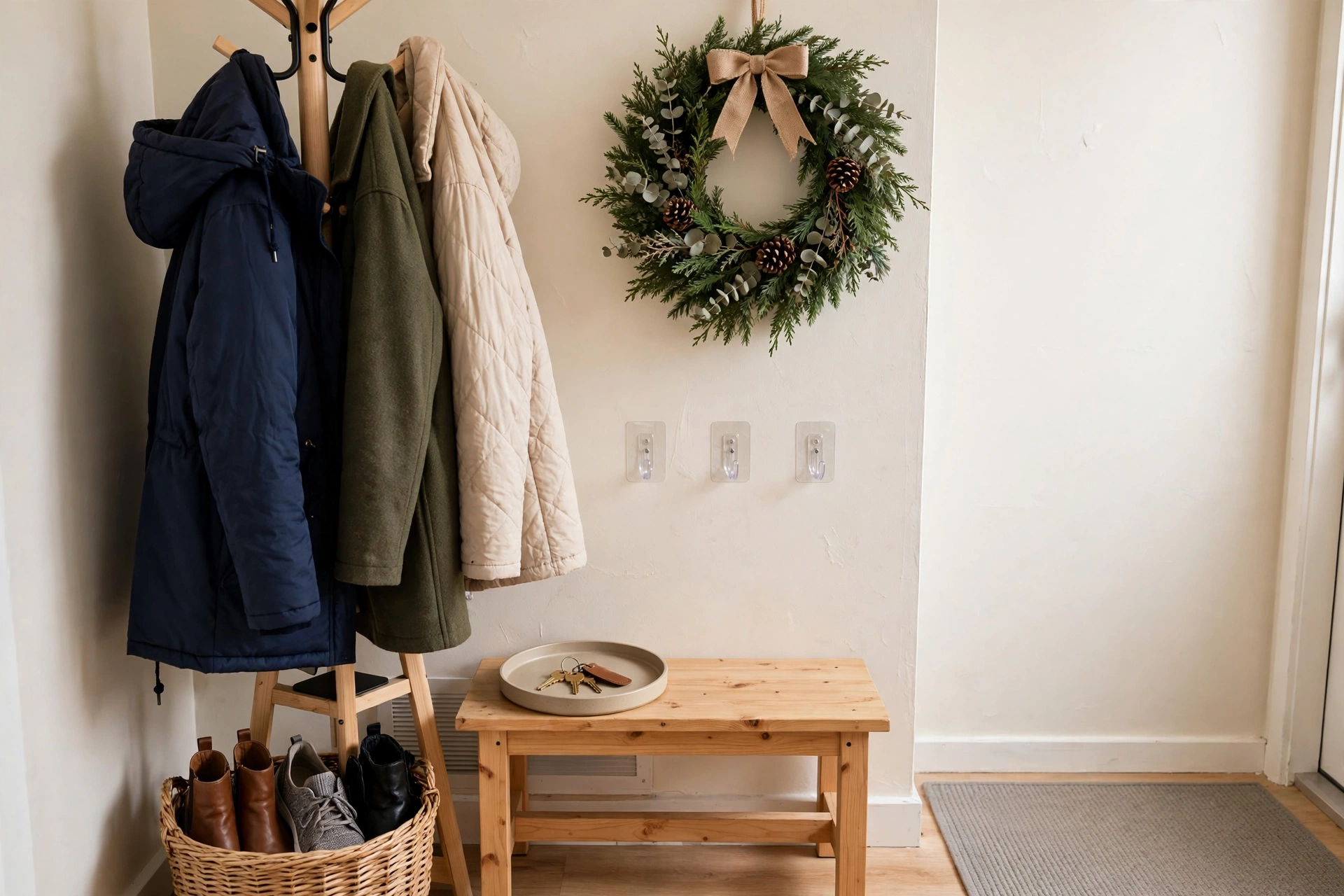 Holiday rental organization ideas for a guest-ready entryway with removable hooks and a shoe basket