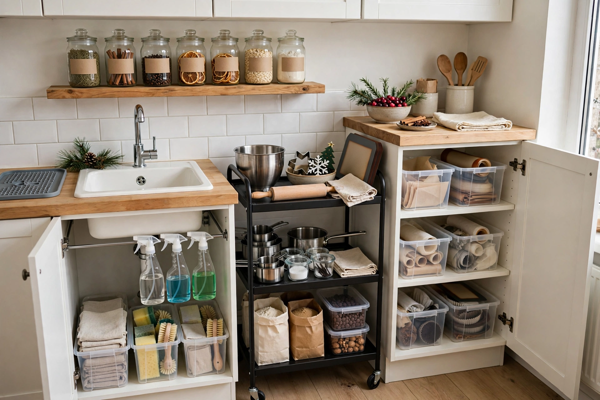 Holiday rental organization ideas for a small rental kitchen with labeled jars and a rolling cart