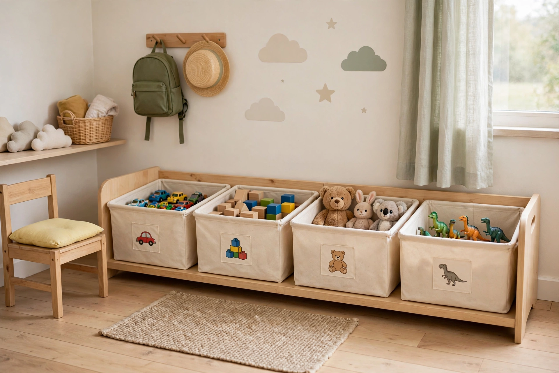 small kids room organization ideas with labeled toy bins