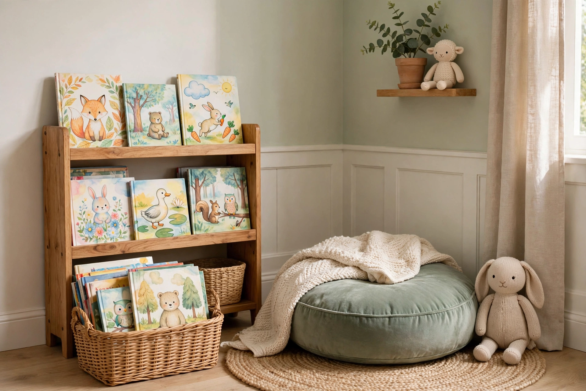 small kids room organization ideas reading corner with bookshelf