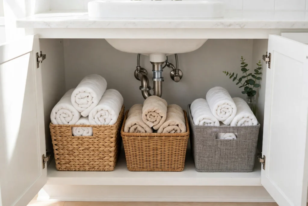under-sink storage bins and rolled towels in a tidy winter bathroom