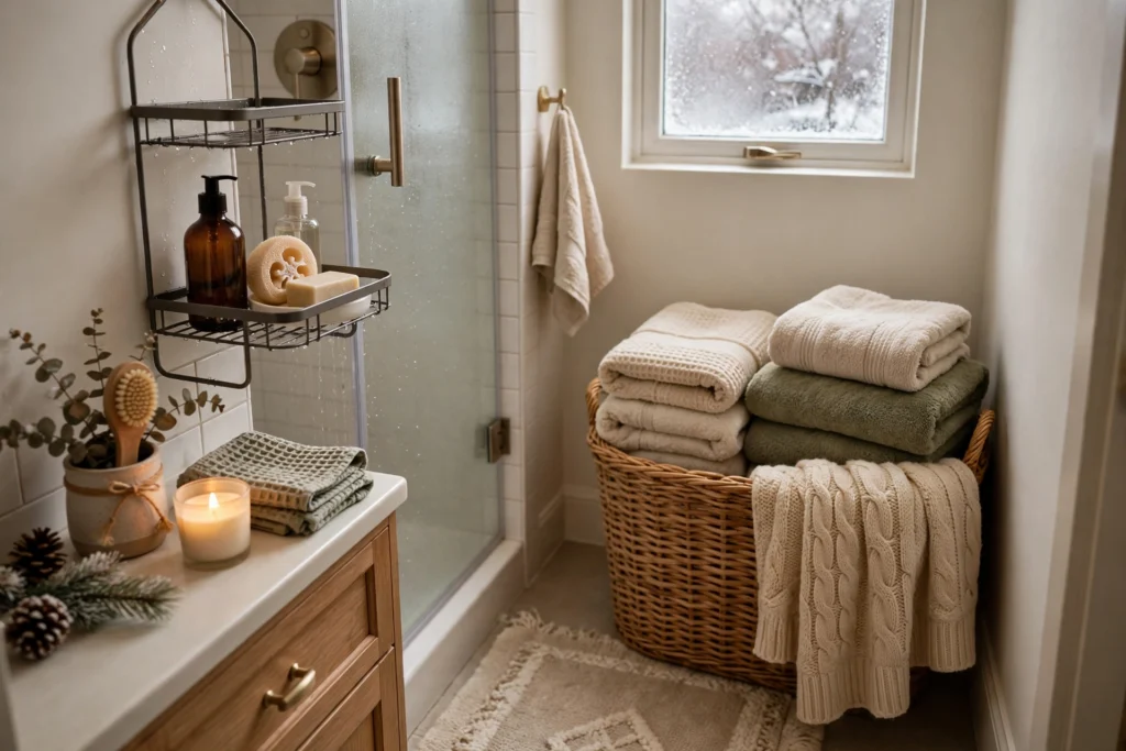 shower caddy and towel storage basket in a small winter bathroom