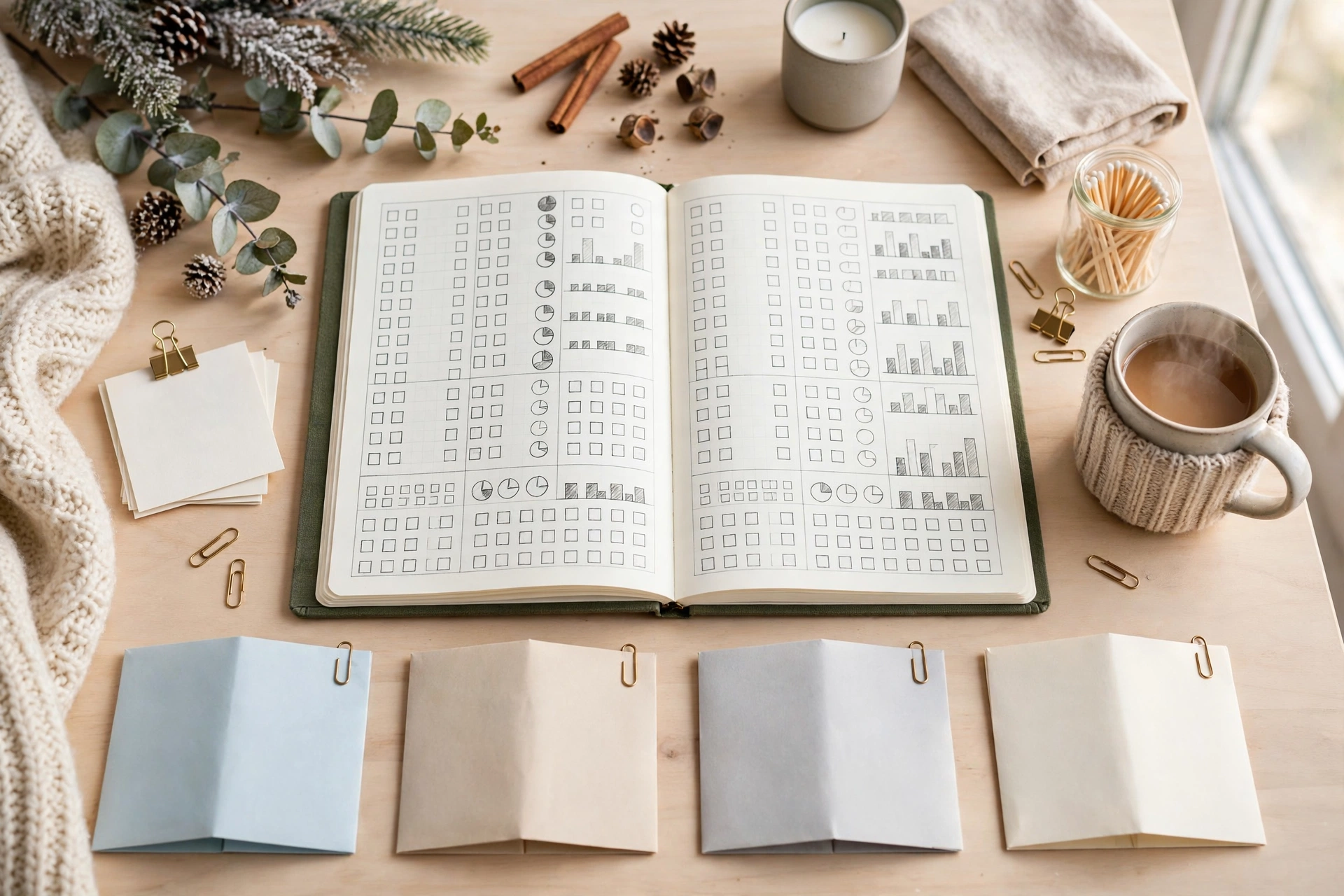 winter budget organization ideas with a winter spending tracker and monthly bills laid out clearly