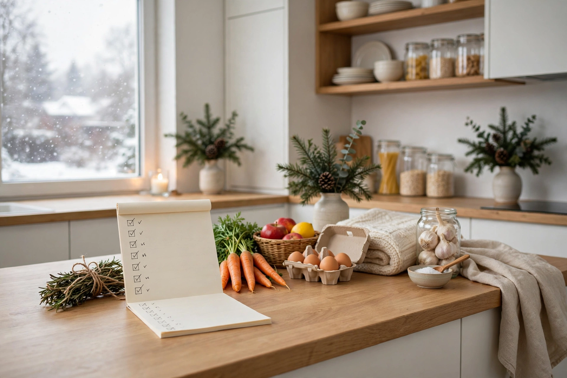 winter budget organization ideas with a warm kitchen and simple winter grocery budget list
