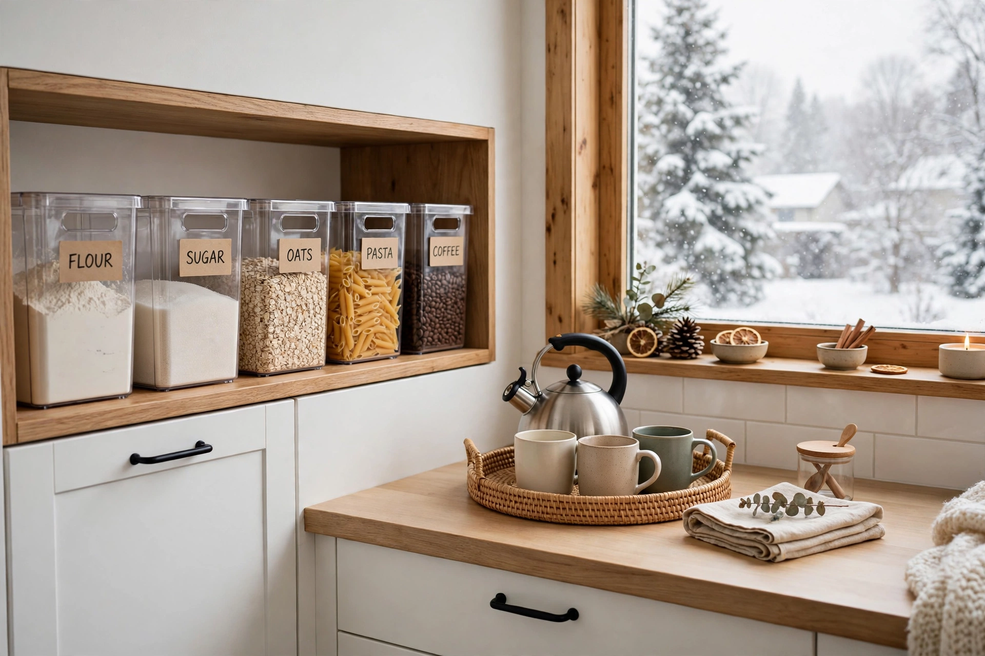 winter cleaning schedule kitchen cleaning with labeled pantry bins and clear counters