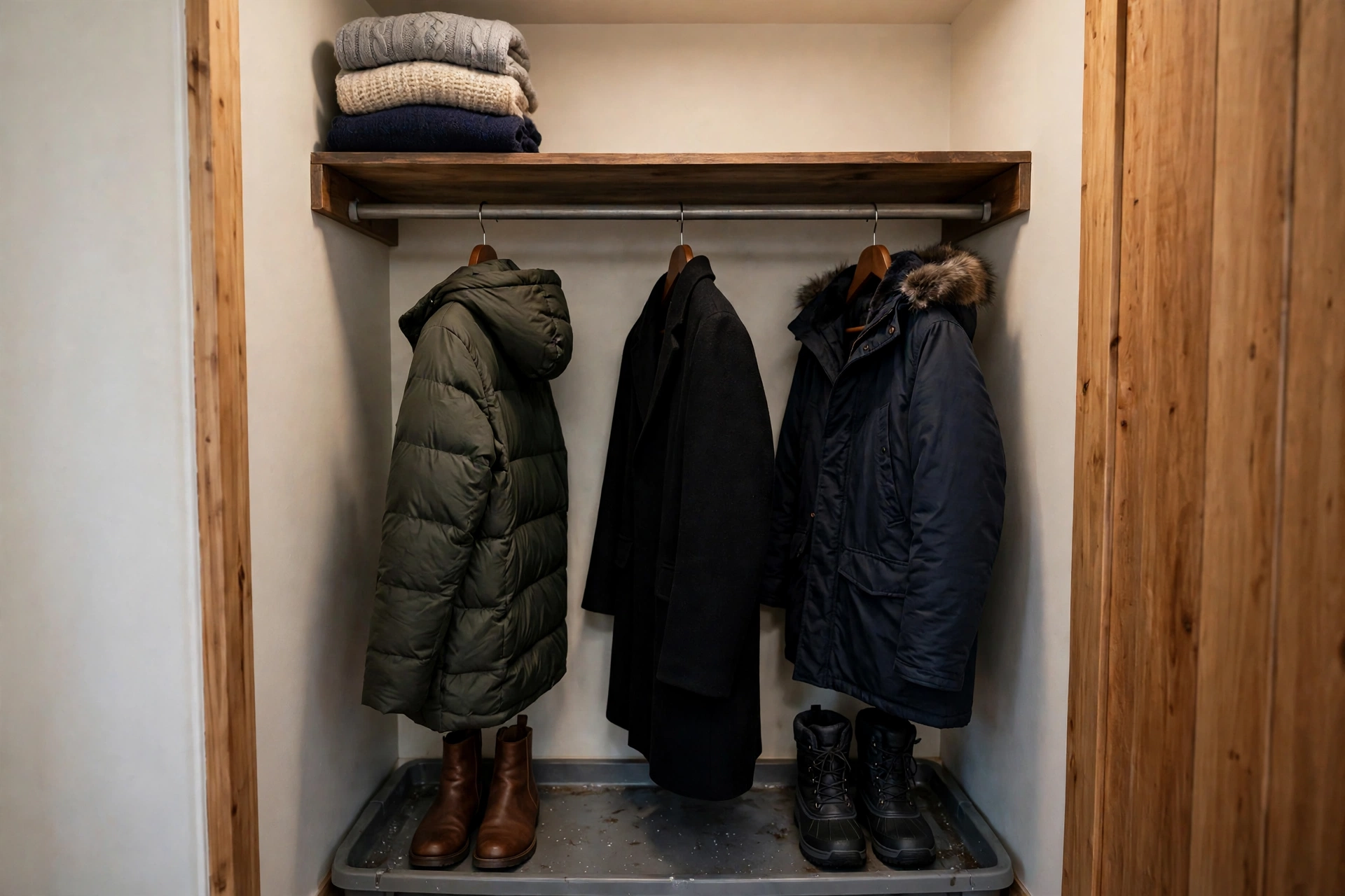 winter coat storage in a small closet with sturdy hangers