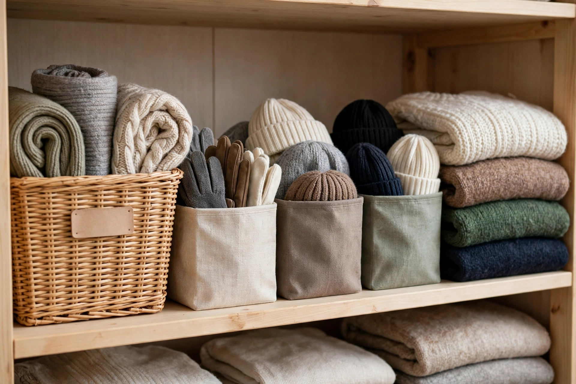 scarf storage basket and winter accessories in a tidy closet