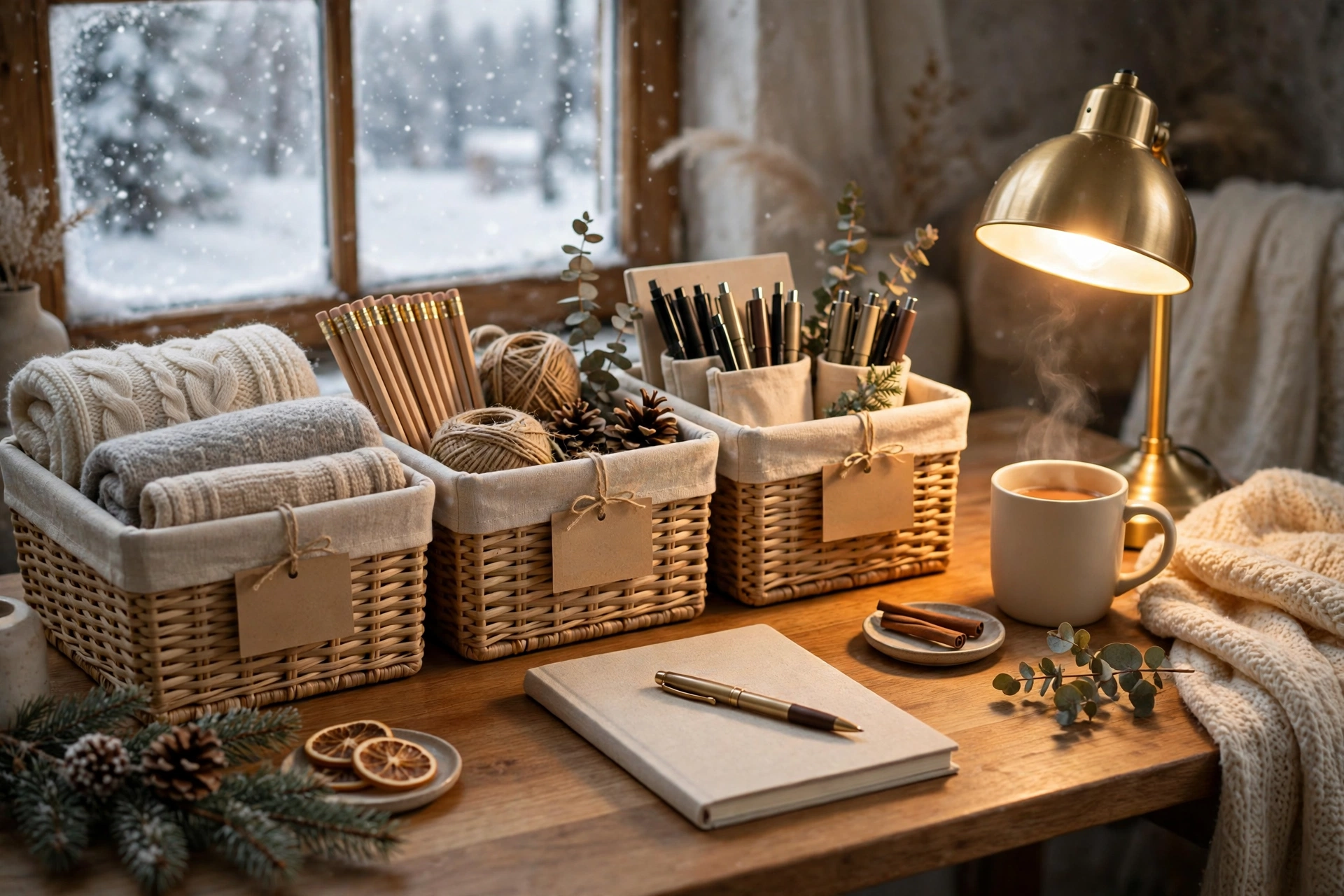 organized winter desk with labeled bins and a warm desk lamp