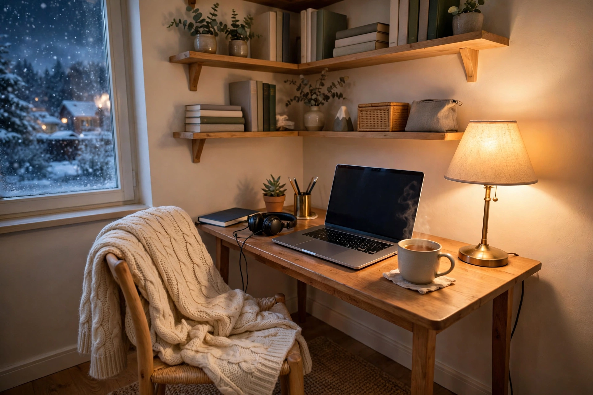 cozy small home office corner with a blanket and tidy shelves