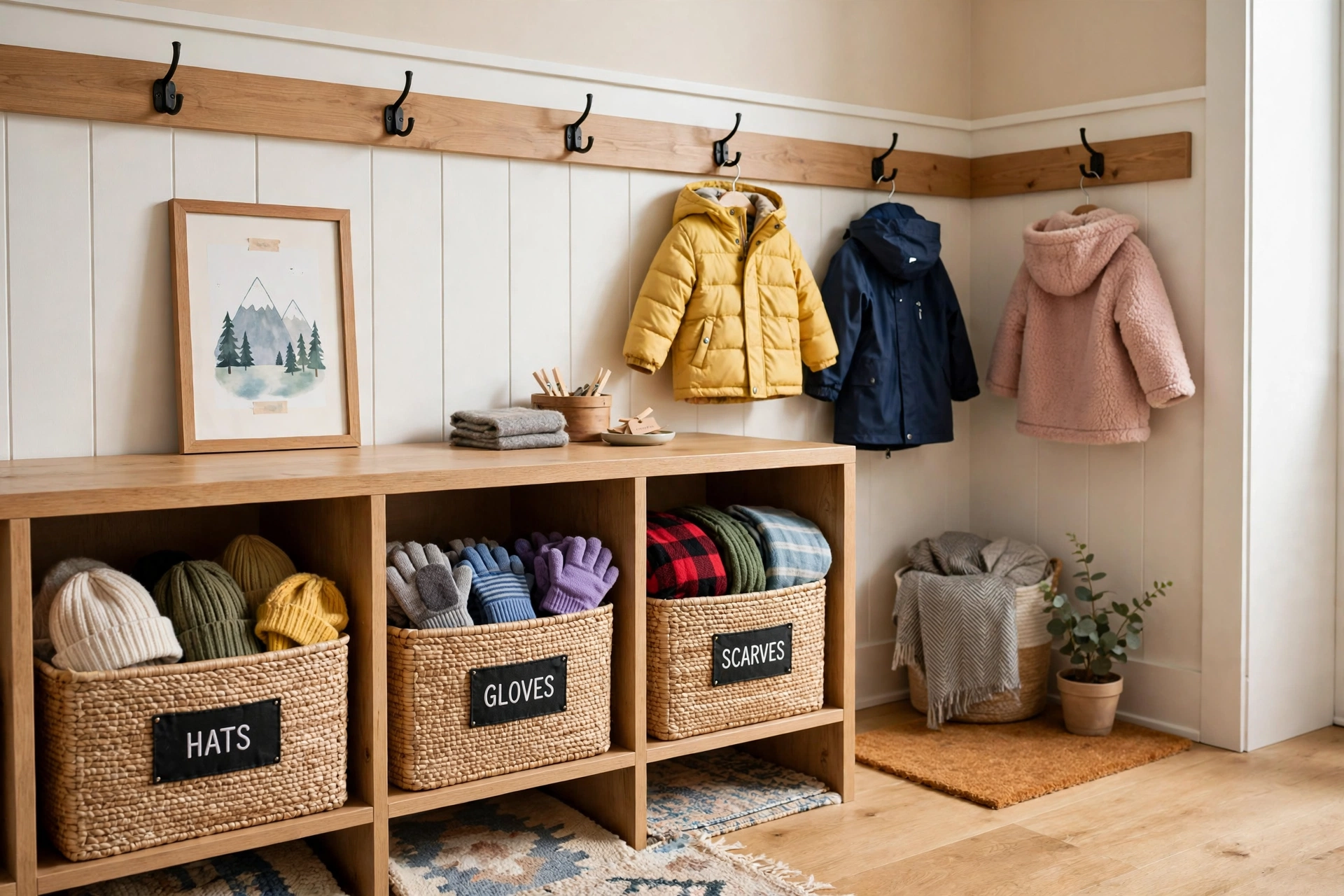 winter kids room organization ideas with kids winter clothes storage bins for hats gloves and scarves