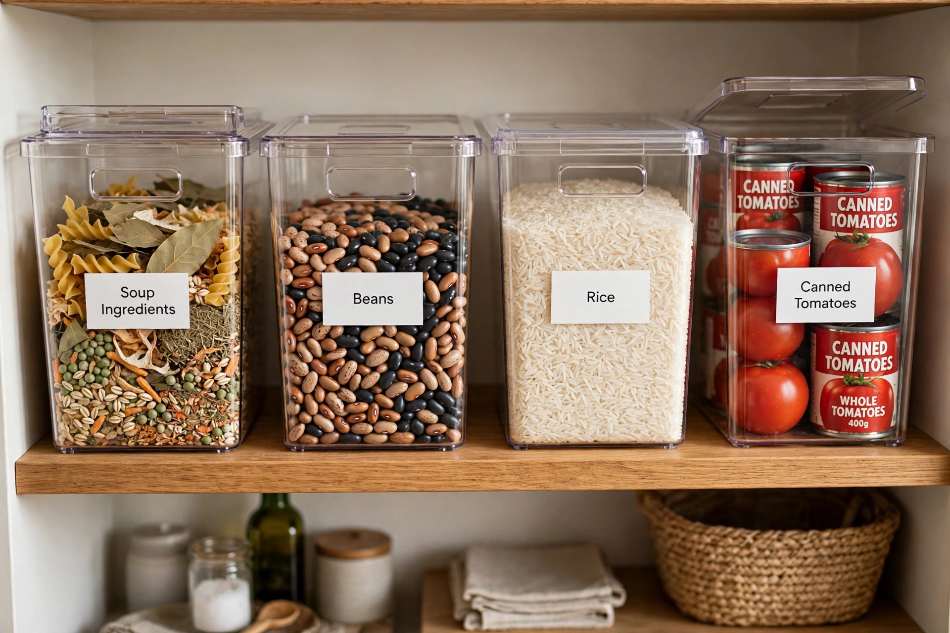 Winter pantry organization ideas for soup ingredients storage with labeled bins of beans, rice, and canned goods