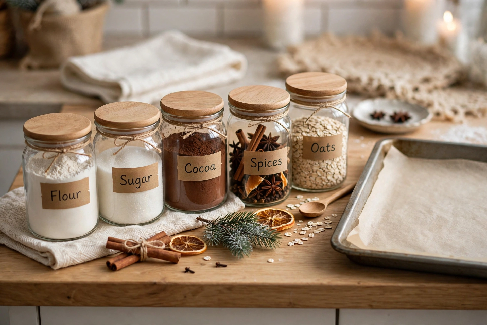 Winter pantry organization ideas for winter baking supplies organized in labeled jars with flour, sugar, and spices