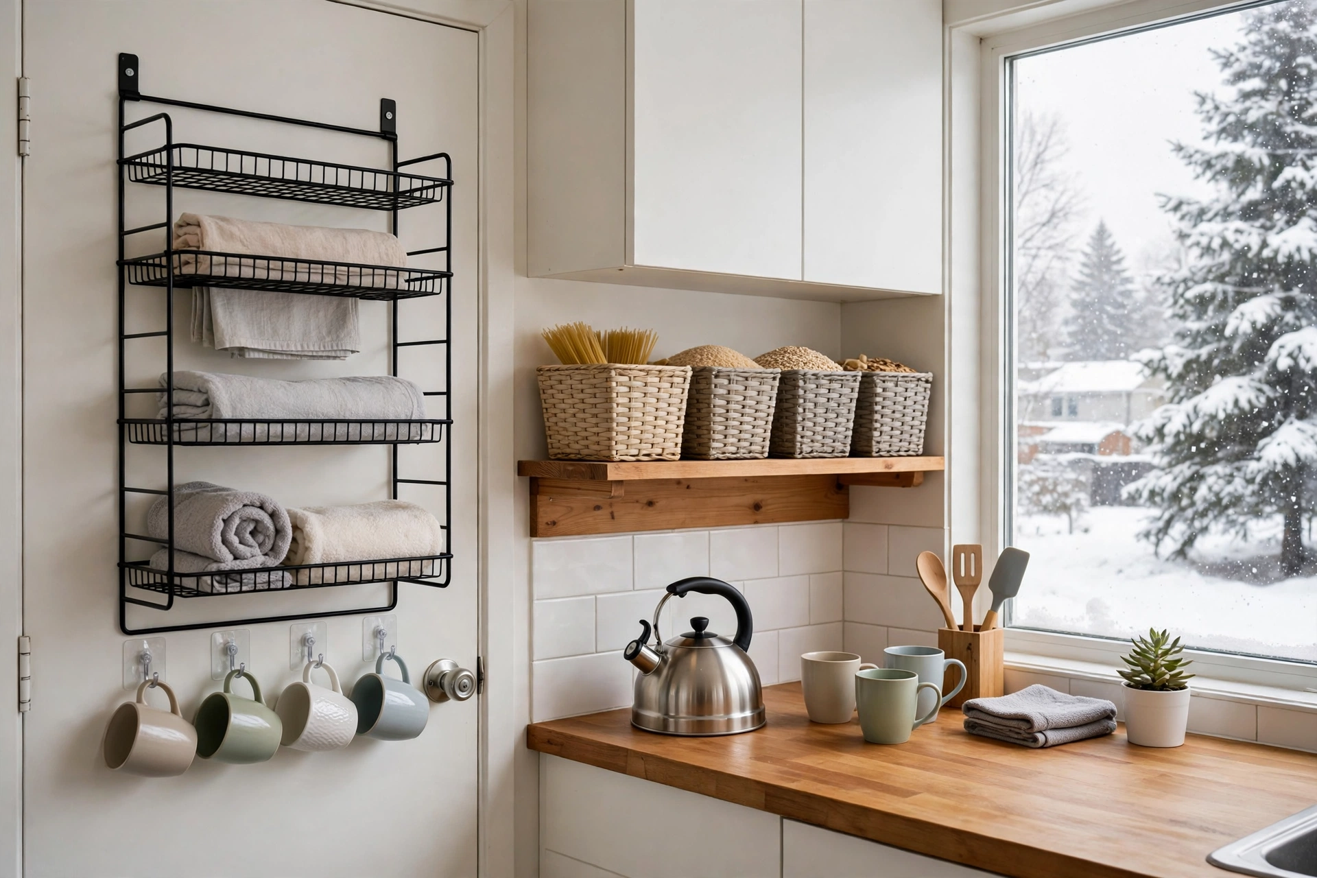 rental kitchen winter organization with no-drill hooks and labeled pantry bins
