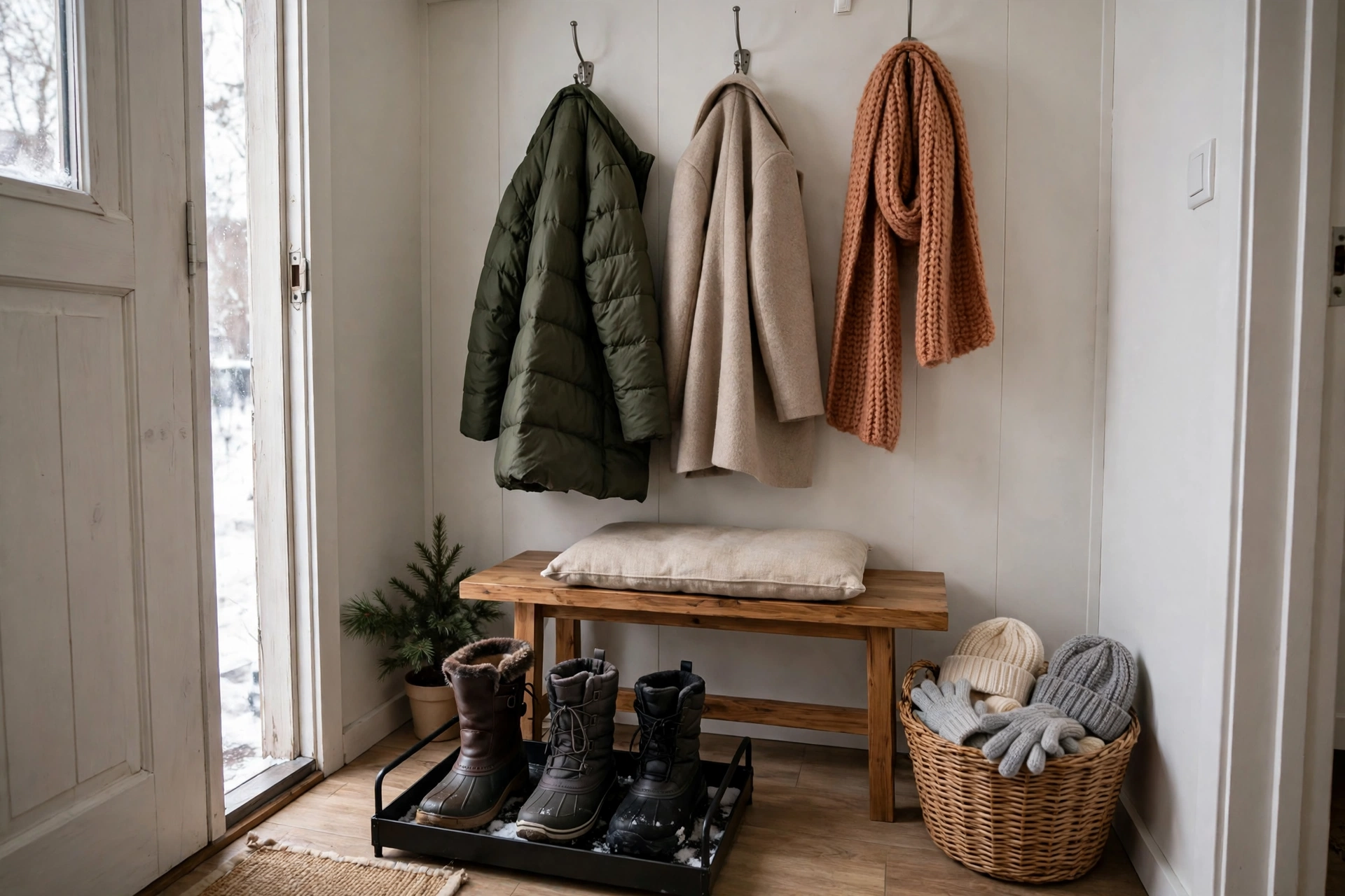 small rental entryway winter organization with boots tray and coat hooks